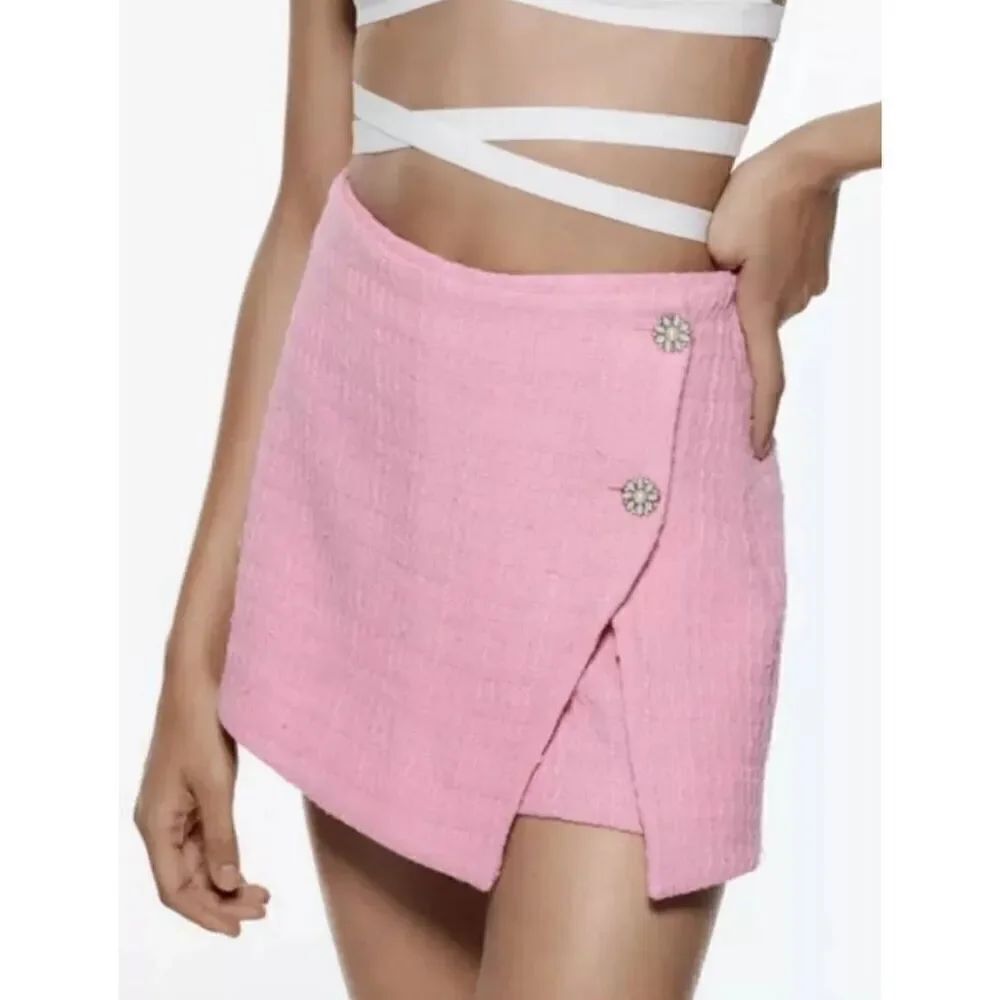 ZARA Baby Pink Textured Weave Skort Skirt Size M NWT